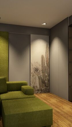 progetto di una zona salotto con porte con carta da parati con disegni di piante cactacee per una ristrutturazione in Novara